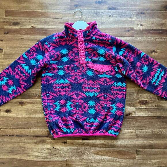 Patagonia Fushia Navy Teal Lightweight Synchilla Fleece Aztec Snap-T Pullover 12 - Picture 2 of 8